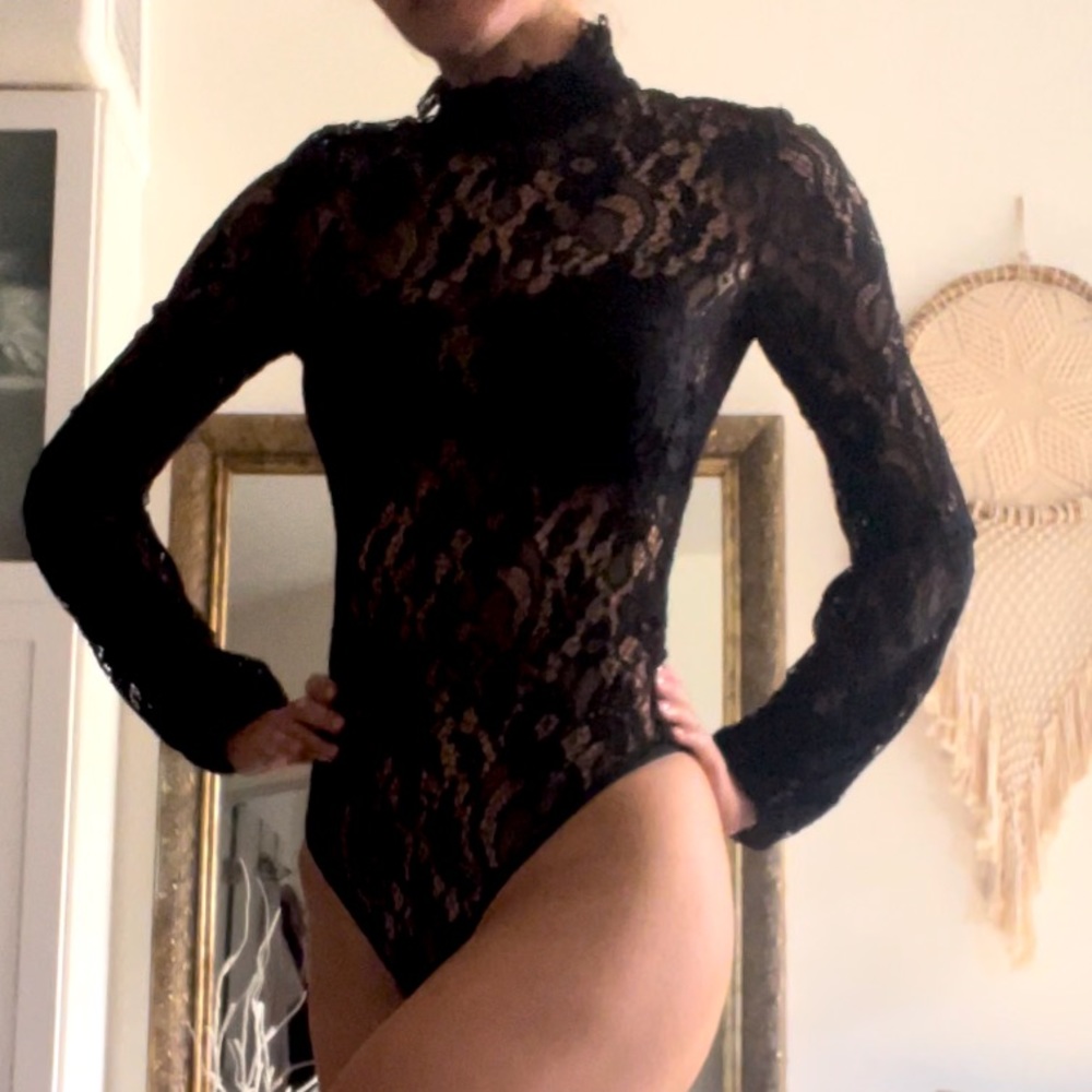 High neck black lace stretch bodysuit, size small.